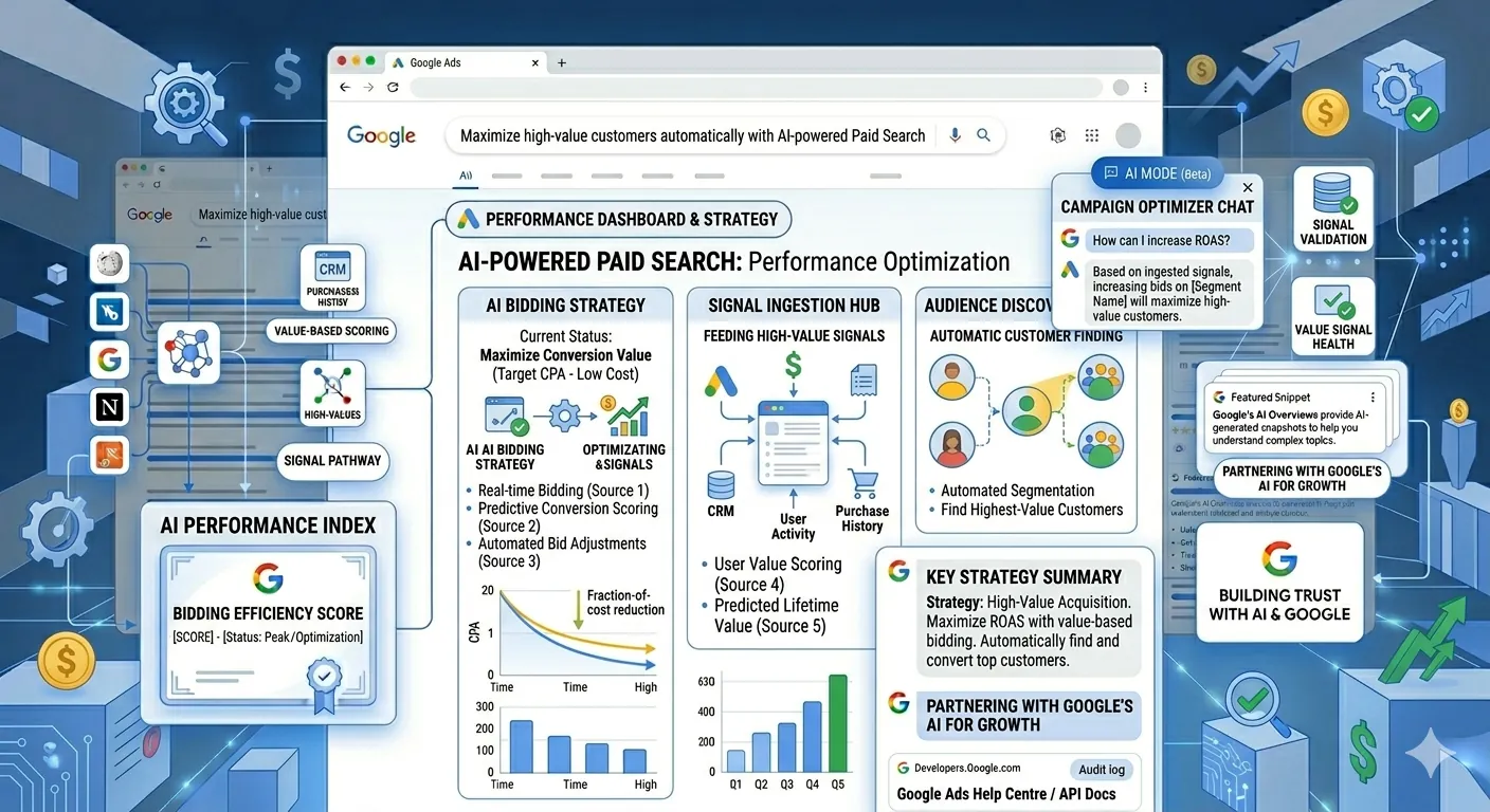 High-value signal ingestion into an AI bidding system to optimize paid search customer acquisition costs and conversion value.