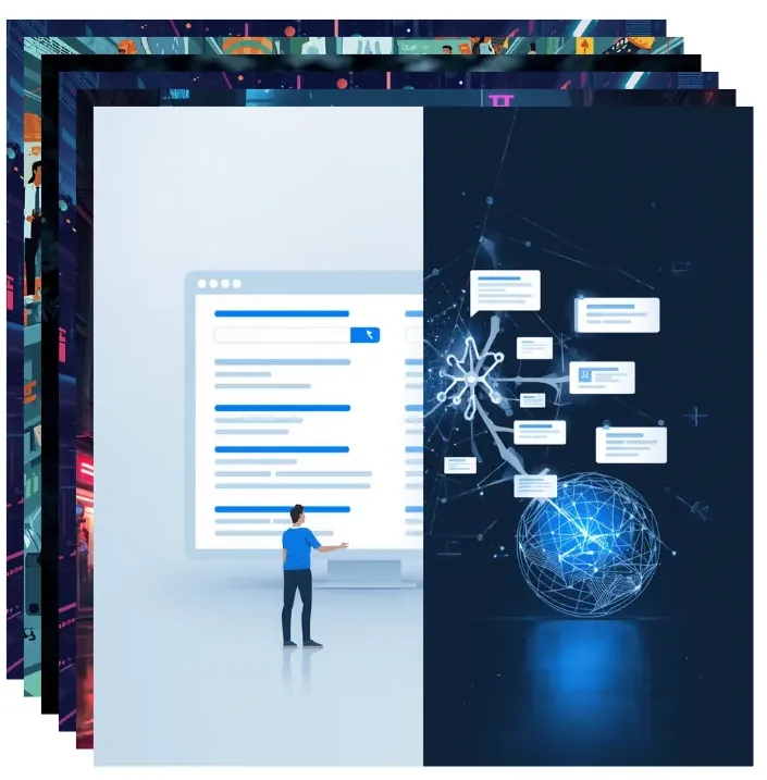 Transition from traditional Google Search to AI-powered generative results and semantic strategy for brand visibility.