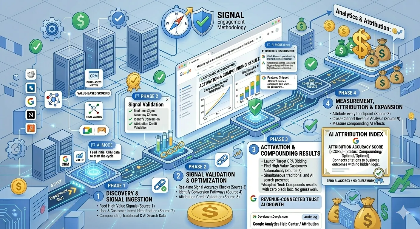 A four-phase marketing framework diagram showing the systematic path to AI search signals, moving from discovery to optimization and compounding results across all search engines.