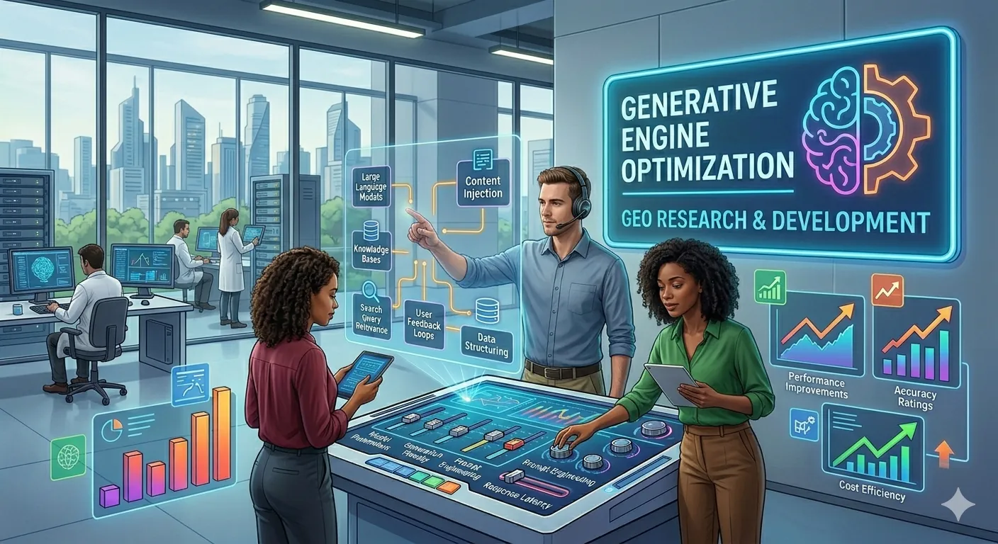 A technical conceptual visual for Generative Engine Optimization (GEO), showing how brand signals are engineered into AI-generated responses and Large Language Model (LLM) answers.