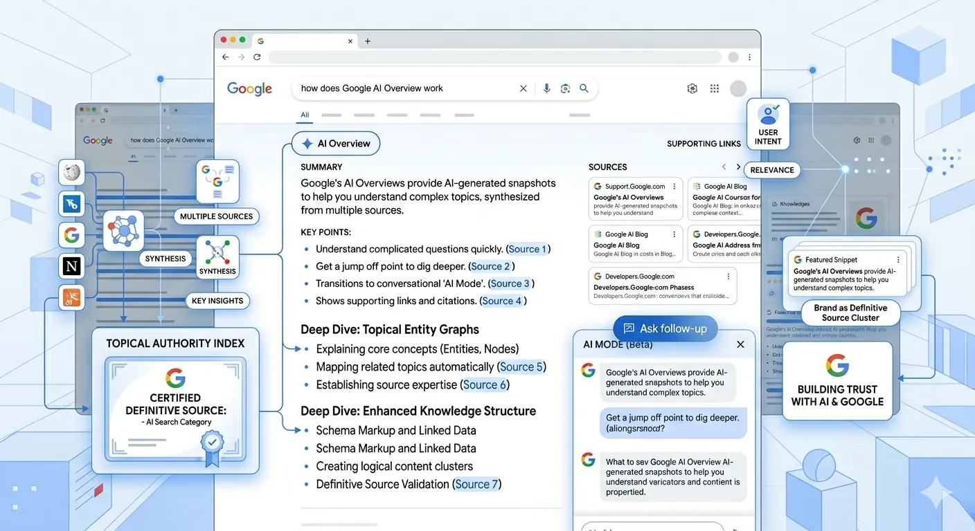 A semantic content web showing how topical clusters and entity-based SEO build brand authority for both Google’s Knowledge Graph and LLM training sets.