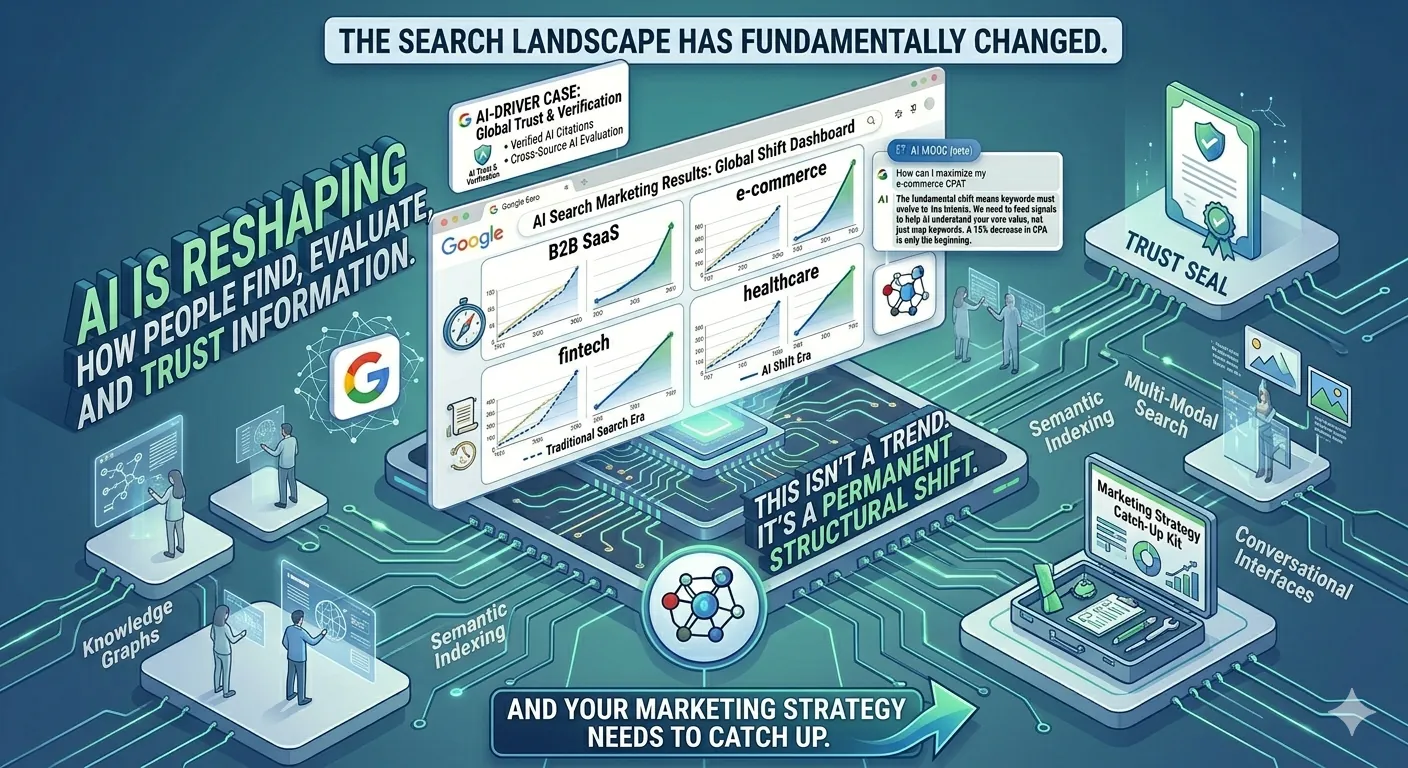 Permanent structural shift in search engine behavior, highlighting the evolution from traditional query-based search to AI-driven evaluation and trust-based discovery.
